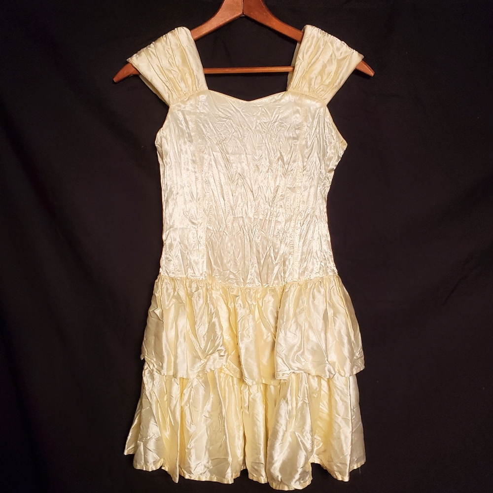 Handmade Cream Krinkle Satin Sleeveless Layered Skirt Mini Dress